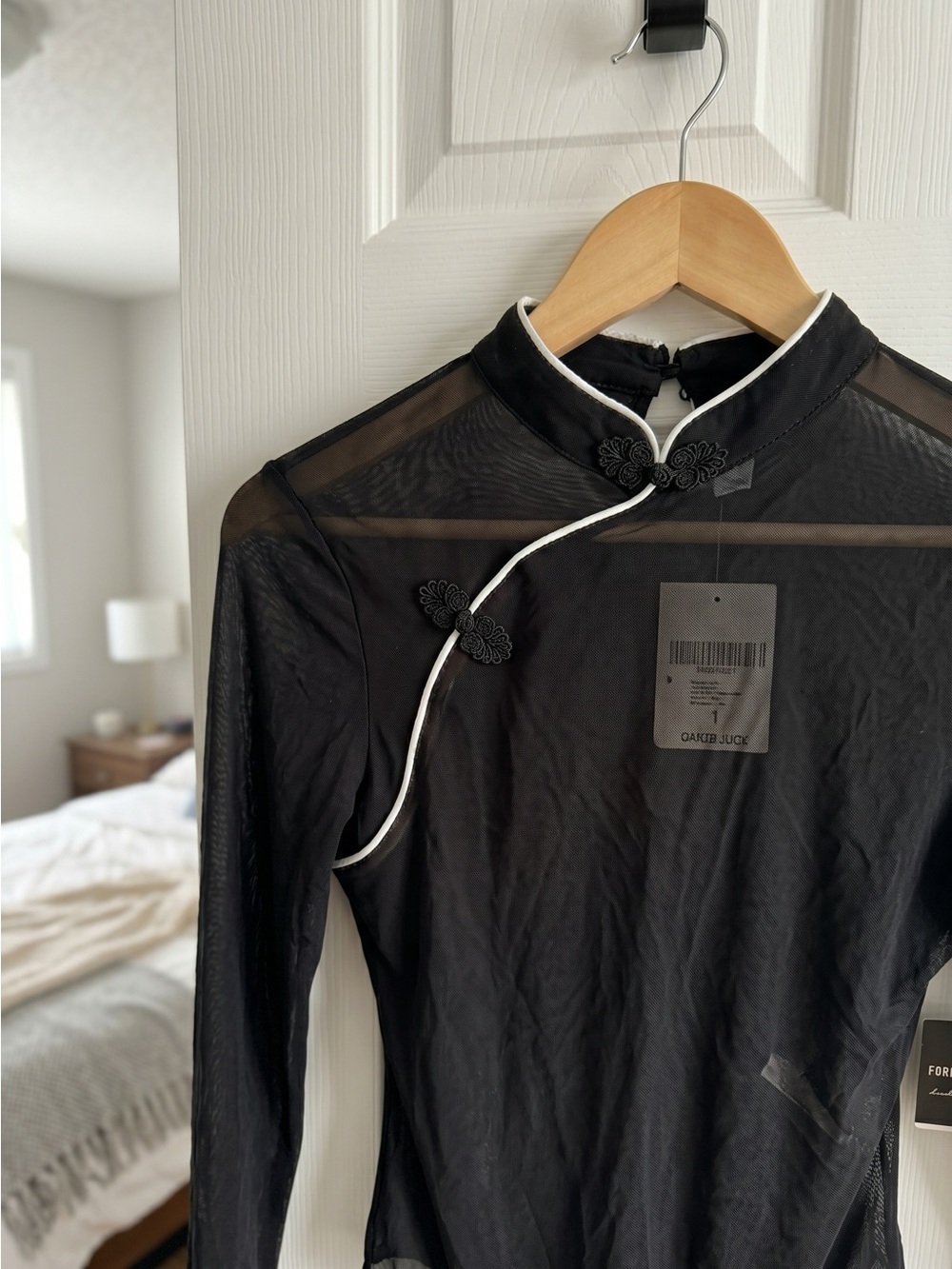 Forever 21 Black Sheer Long-Sleeve Mandarin-Collar Bodysuit - Picture 4 of 4